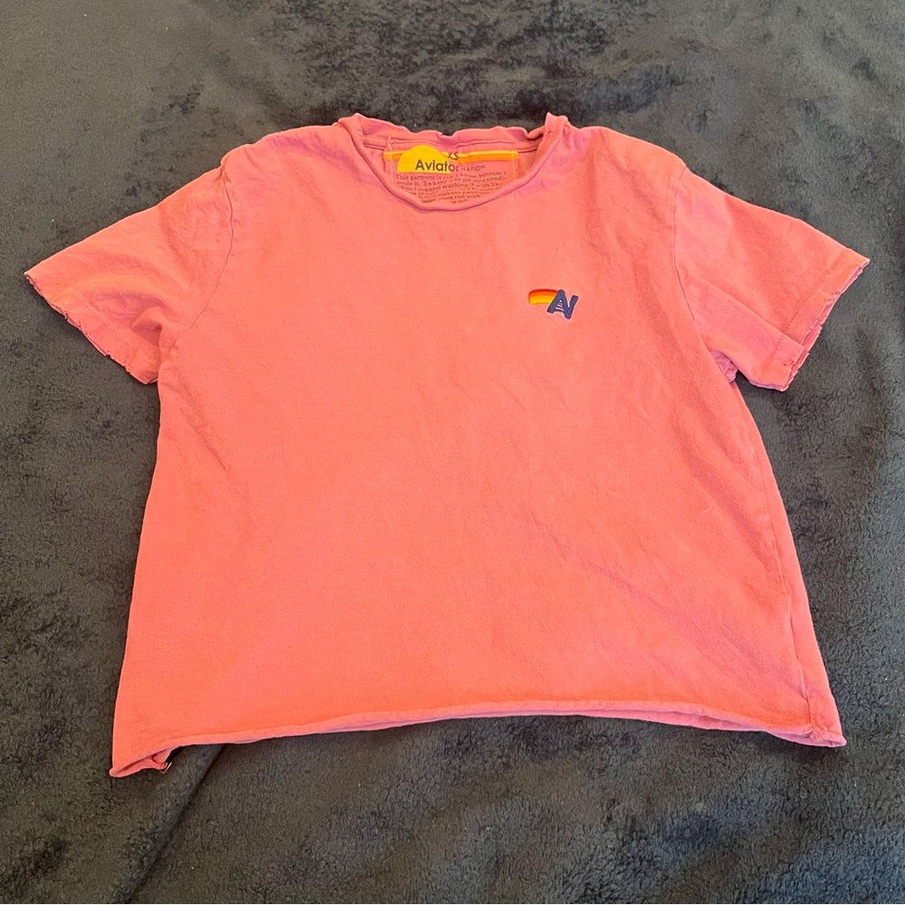 Magenta Aviator Nation cropped t-shirt with embroidered logo.